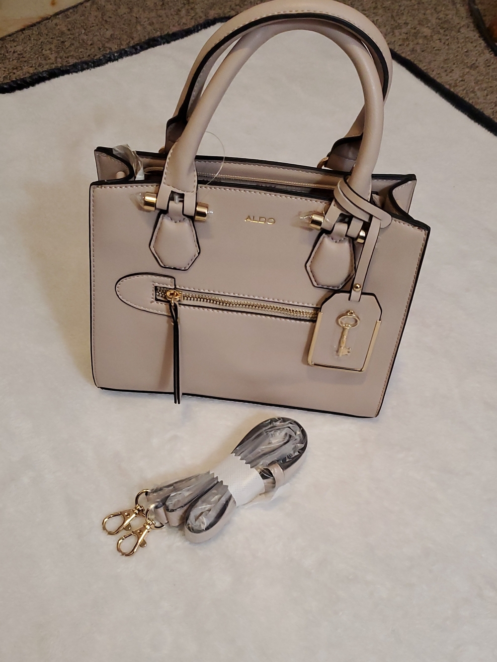 ALDO Beige and Black Trim Structured Satchel with Gold Hardware